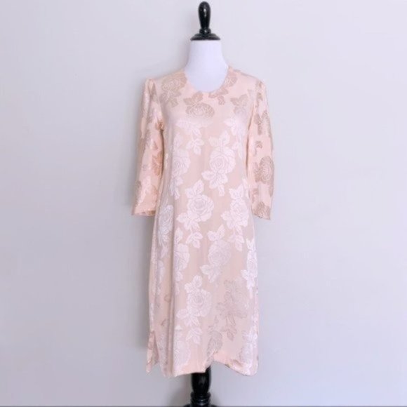 Handmade Vintage Ballet Pink Floral Satin Rose Print Shift Dress XXS/XS - Picture 2 of 8